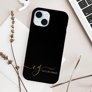 Modern Black Gold Feminine Script Monogrammed iPhone 15 Case