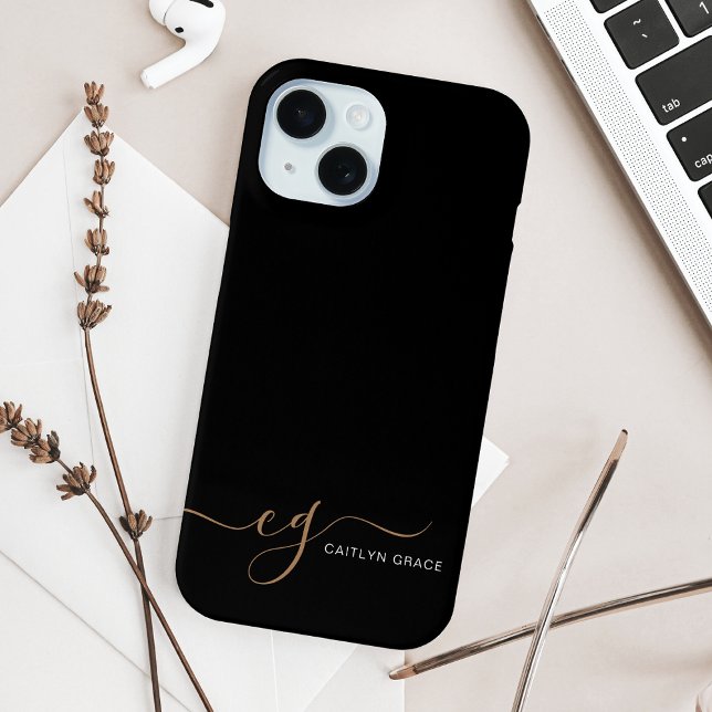Modern Black Gold Feminine Script Monogrammed Case-Mate iPhone Case (Creator Uploaded)