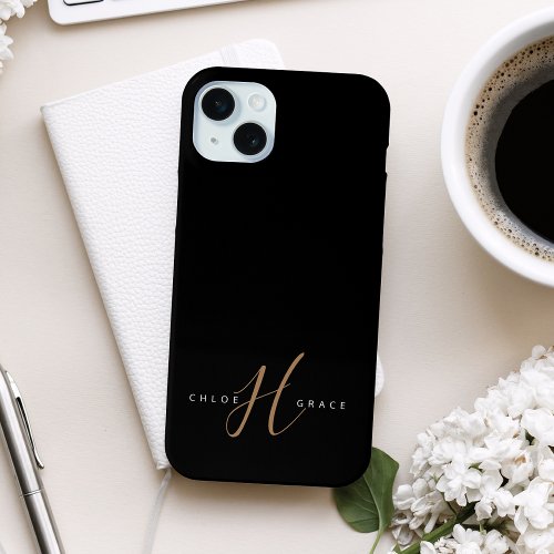 Modern Black Gold Feminine Script Monogrammed iPhone 15 Plus Case