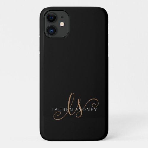 Modern Black Gold Feminine Script Monogrammed iPhone 11 Case