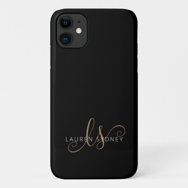 Modern Black Gold Feminine Script Monogrammed Case-Mate iPhone Case (Back)