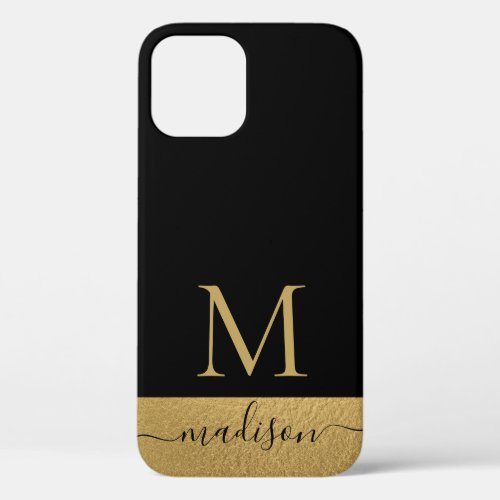 Modern Black Gold Feminine Script Monogrammed iPhone 12 Case