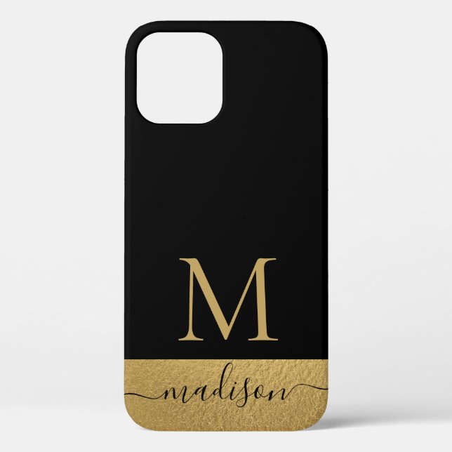 Modern Black Gold Feminine Script Monogrammed Case-Mate iPhone Case (Back)