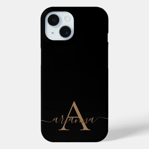 Modern Black Gold Feminine Script Monogrammed iPhone 15 Case