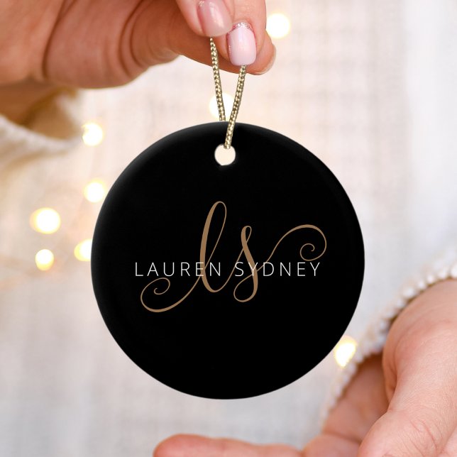 Modern Black Gold Feminine Script Monogrammed Ceramic Ornament (Creator Uploaded)