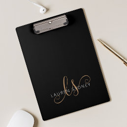 Modern Black Gold Feminine Script Monogrammed Clipboard