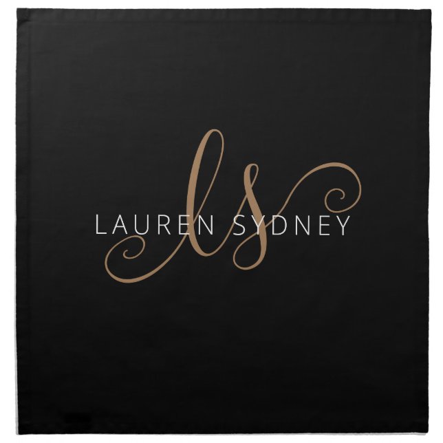 Modern Black Gold Feminine Script Monogrammed Cloth Napkin (Front)