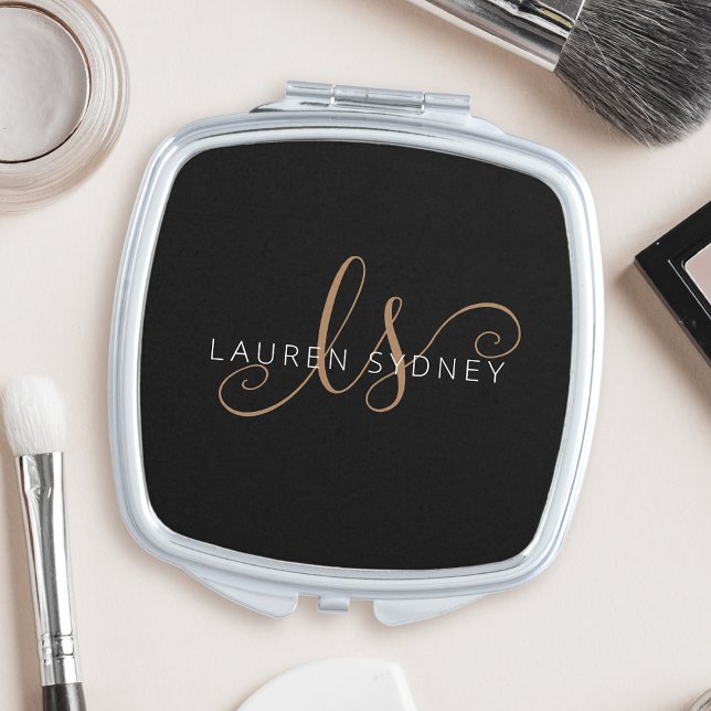 Modern Black Gold Feminine Script Monogrammed Comp Compact Mirror (Creator Uploaded)