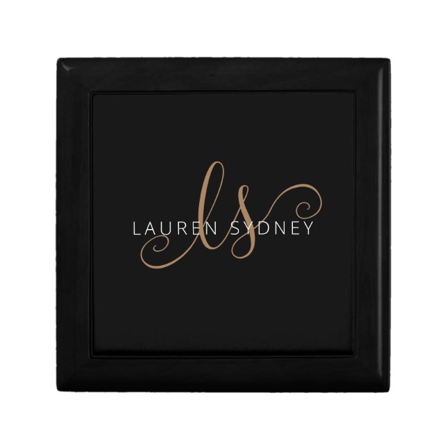 Modern Black Gold Feminine Script Monogrammed Gift Box (Front)
