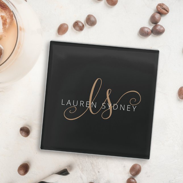 Modern Black Gold Feminine Script Monogrammed Glass Coaster (Creator Uploaded)