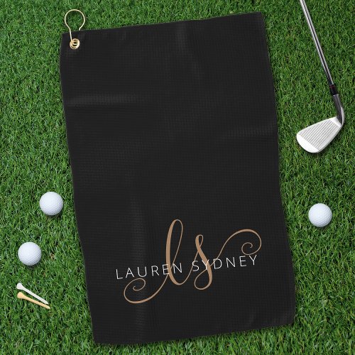 Modern Black Gold Feminine Script Monogrammed Golf Towel