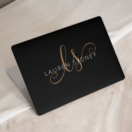 Modern Black Gold Feminine Script Monogrammed HP Laptop Skin