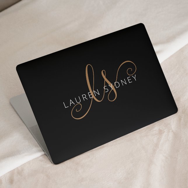 Modern Black Gold Feminine Script Monogrammed HP Laptop Skin (Creator Uploaded)