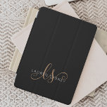 Modern Black Gold Feminine Script Monogrammed  iPad Air Cover<br><div class="desc">Modern Black Gold Feminine Script Monogrammed iPad cover. Easily personalize this modern elegant iPad cover with your custom monogram and name.</div>