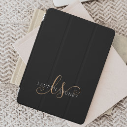 Modern Black Gold Feminine Script Monogrammed  iPad Pro Cover