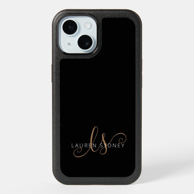 Modern Black Gold Feminine Script Monogrammed iPhone 15 Case (Back)