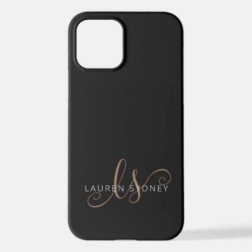 Modern Black Gold Feminine Script Monogrammed  iPhone 12 Case