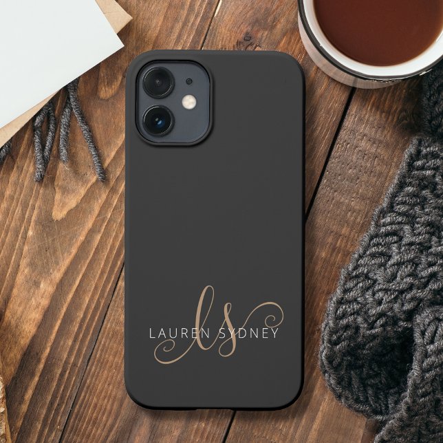 Modern Black Gold Feminine Script Monogrammed iPhone Case (Creator Uploaded)