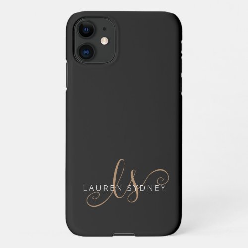 Modern Black Gold Feminine Script Monogrammed iPhone 11 Case