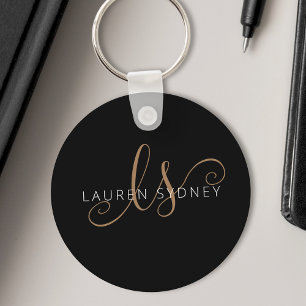 Modern Black Gold Feminine Script Monogrammed Keychain