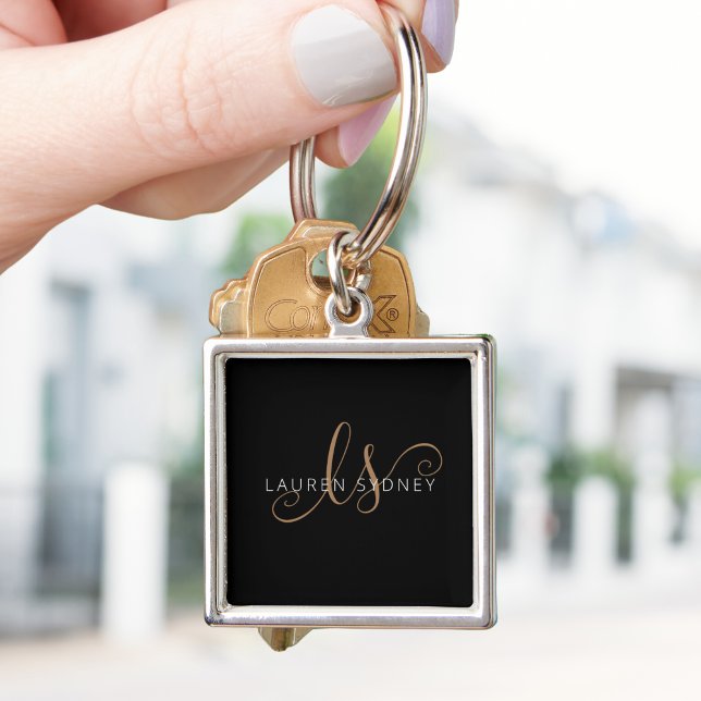 Modern Black Gold Feminine Script Monogrammed Keychain (Creator Uploaded)