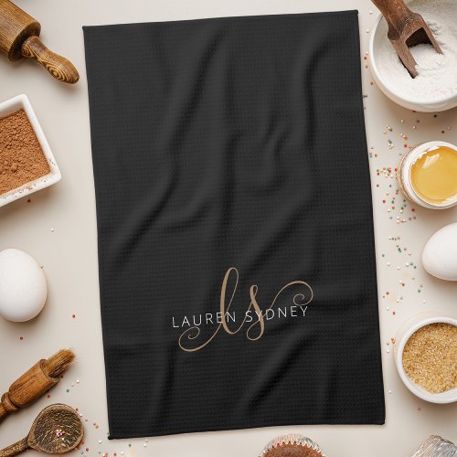 Modern Black Gold Feminine Script Monogrammed Kitchen Towel