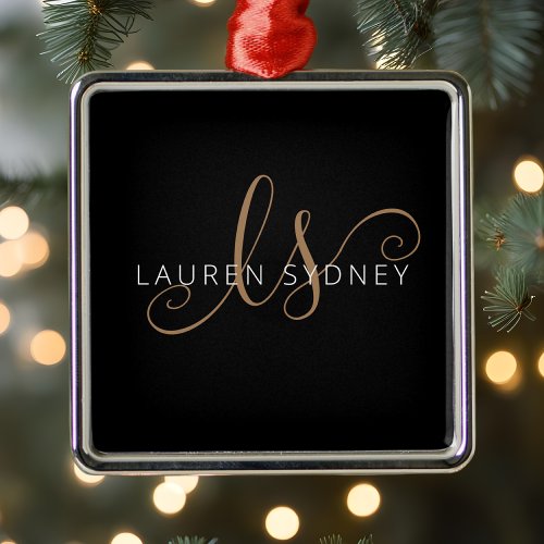 Modern Black Gold Feminine Script Monogrammed Metal Ornament