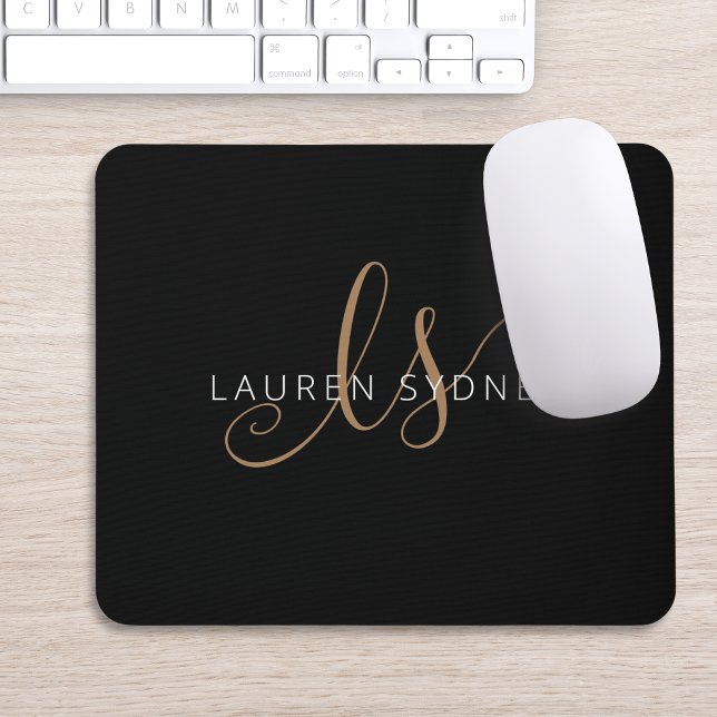 Modern Black Gold Feminine Script Monogrammed Mouse Pad (Creator Uploaded)