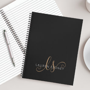 Modern Black Gold Feminine Script Monogrammed Notebook