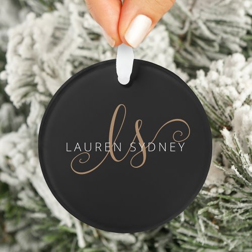 Modern Black Gold Feminine Script Monogrammed Ornament