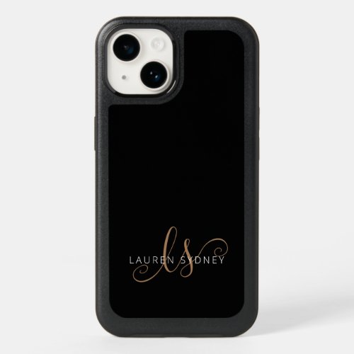 Modern Black Gold Feminine Script Monogrammed OtterBox iPhone 14 Case