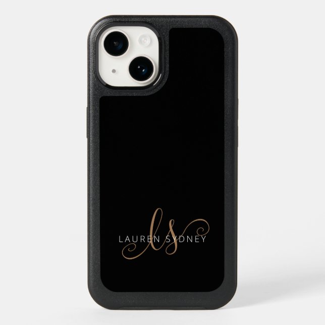 Modern Black Gold Feminine Script Monogrammed Otterbox iPhone Case (Back)