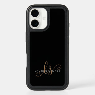 Modern Black Gold Feminine Script Monogrammed iPhone 16 Case