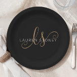 Modern Black Gold Feminine Script Monogrammed Paper Plates<br><div class="desc">Modern Black Gold Feminine Script Monogrammed Paper Plate. Easily personalize this modern elegant paper plate with your custom monogram and name.</div>
