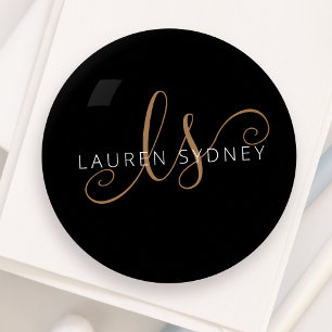 Modern Black Gold Feminine Script Monogrammed Paperweight