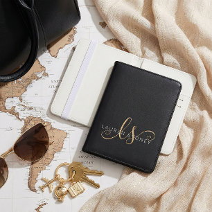 Modern Black Gold Feminine Script Monogrammed Passport Holder