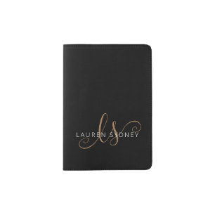 Modern Black Gold Feminine Script Monogrammed Passport Holder