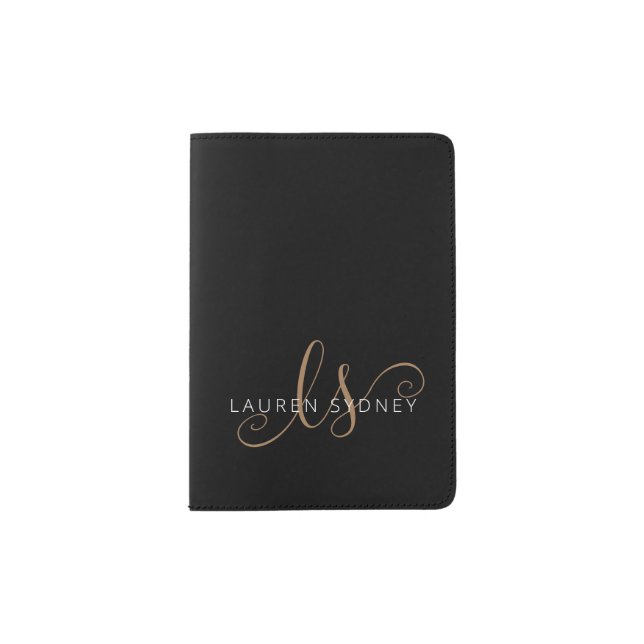Modern Black Gold Feminine Script Monogrammed Passport Holder (Front)