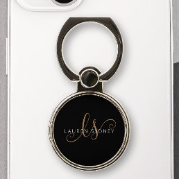 Modern Black Gold Feminine Script Monogrammed Phone Ring Stand