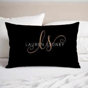 Modern Black Gold Feminine Script Monogrammed Pillow Case