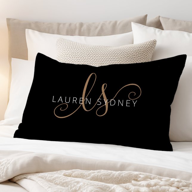 Modern Black Gold Feminine Script Monogrammed Pillow Case (Creator Uploaded)