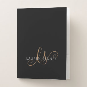 Modern Black Gold Feminine Script Monogrammed Pocket Folder