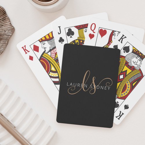 Modern Black Gold Feminine Script Monogrammed  Poker Cards