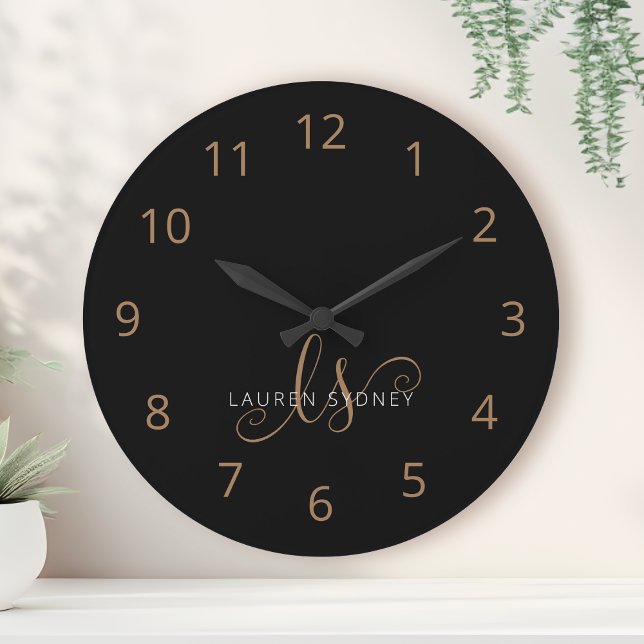 Modern Black Gold Feminine Script Monogrammed Round Clock (Creator Uploaded)