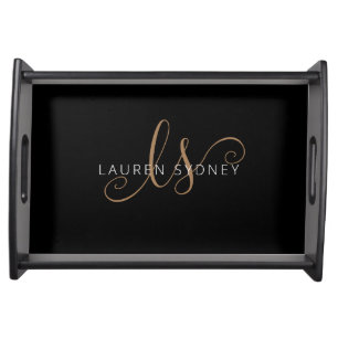 Modern Black Gold Feminine Script Monogrammed Serving Tray