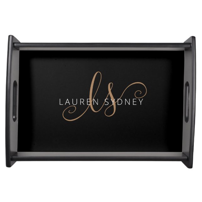Modern Black Gold Feminine Script Monogrammed Serving Tray (Front)