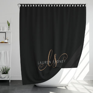 Modern Black Gold Feminine Script Monogrammed Shower Curtain