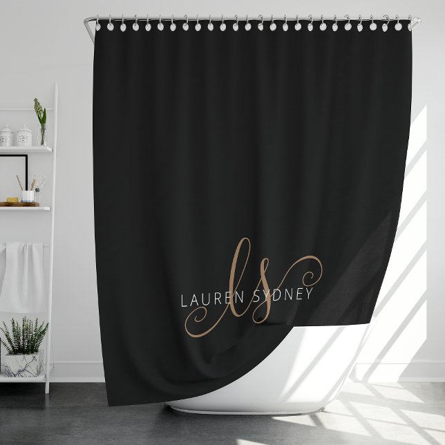 Modern Black Gold Feminine Script Monogrammed Shower Curtain (Creator Uploaded)
