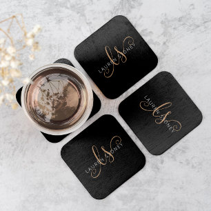 Modern Black Gold Feminine Script Monogrammed Square Paper Coaster