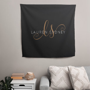 Modern Black Gold Feminine Script Monogrammed Tapestry
